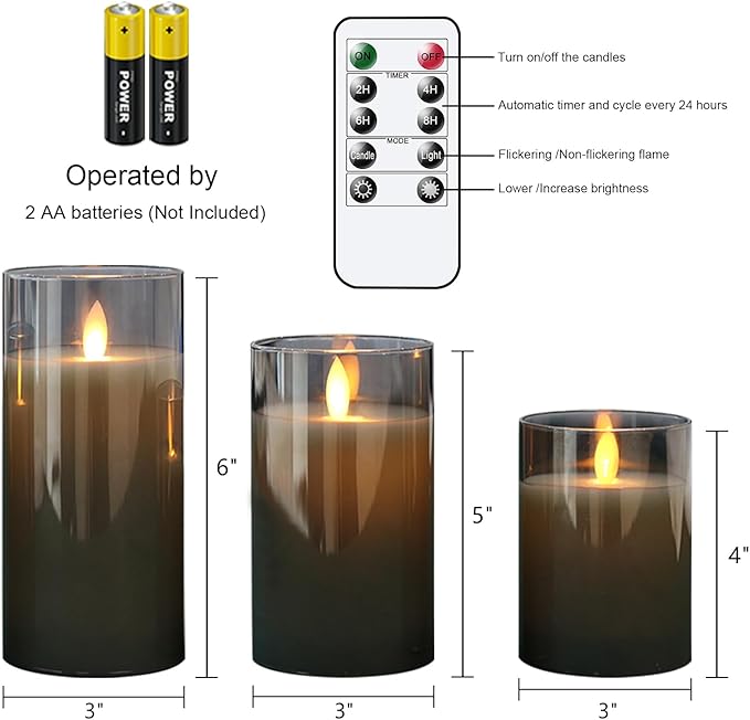 Glass Flameless Candles with Remote Timer, LED Battery Operated Candles with 3D Flickering Wick, Set of 3 Glass and Real Wax Pillar Candle for Halloween Christmas Wedding Home Decor