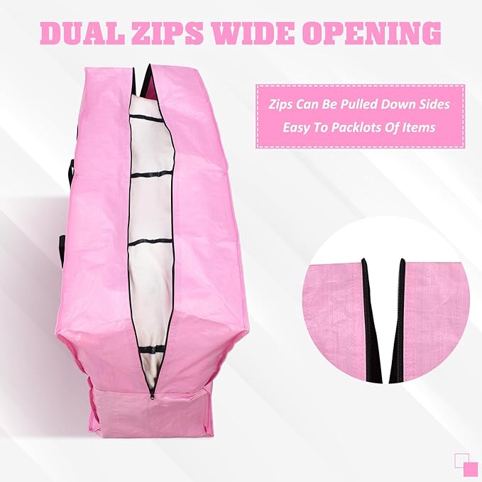 4 Pcs 66 Gallon Extra Large Moving Bags Heavy Duty Storage Bag with Strong Zipper Handle Foldable XXL Jumbo Storage Tote Packing Moving Box for College Dorm Travel Cloth Duffle (Pink)