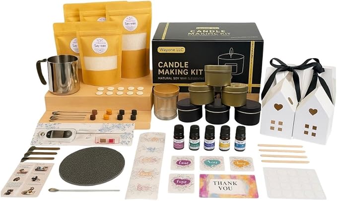 WAYONE LLC Candle Making Kit - DIY Starter Soy Candle Making Supplies Kit - Soy Wax, Full Set - 1 Jars & 6 Tins, 5 Pleasant Scents, Color Dyes & More, Perfect Candle Making Kit for Adults