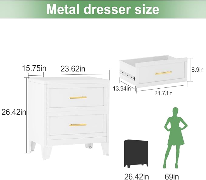 Ckzbx Metal Dresser Narrow Dresser for Bedroom Chest, 26.42" H Drawer Chest, Closet Dressers & Chests of Drawers for Living Room, Hallway (2 Drawers White 24inch Wide)