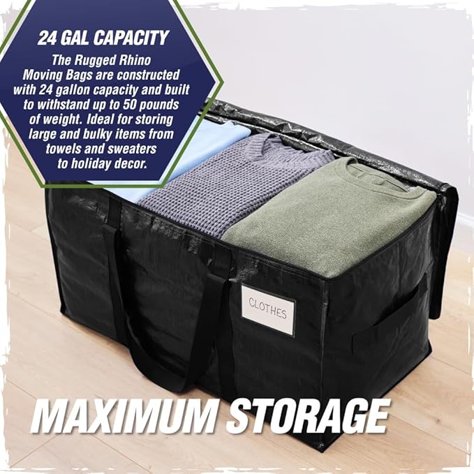 RUGGED RHINO 4 Pack Heavy Duty Extra Large Moving Bags, Durable Bag with Strong Handles and Zipper, Moving Boxes Alternative for College Packing, Holiday Décor, Space Saving Storage with Label, Black