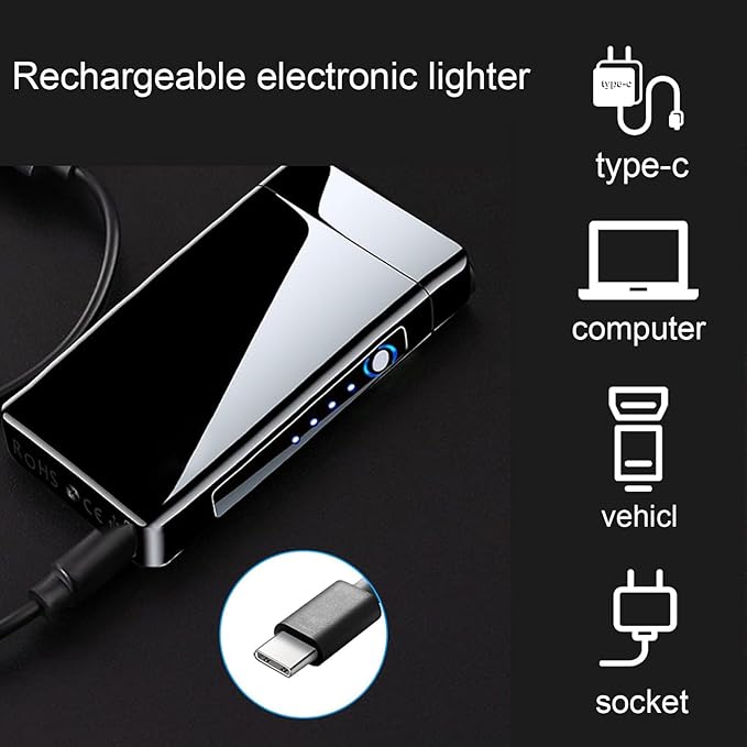 Electric Lighter Plasma Rechargeable with LED Battery Indicator Strong Flame, USB Convenient Charging, Windproof Lighter Outdoor（Black