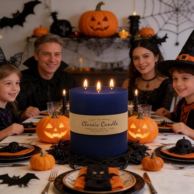 Large 3-Wick Navy Blue Pillar Candle - 6x6 Inch Dripless & Smokeless Unscented Fat Candle, 120 Hour Long Burning Hand-Poured Thick Candle with Cotton Wicks