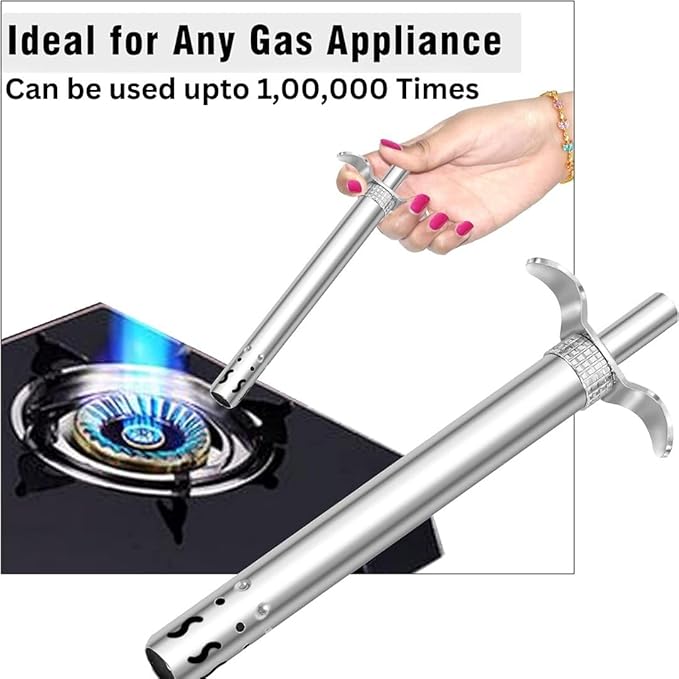 Easy Grip Premium Waterproof Stainless Steel Matt Finish Regular Gas Lighter for Gas Stove, Restaurants & Kitchen Use - Silver Matte