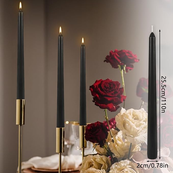 12Pack 10inch Black Taper Candle-Unscented and Smokeless-8hours Long Burning time,Dripless,Ideal for Halloween Taper Candles, Weddings, Dinner,Parties