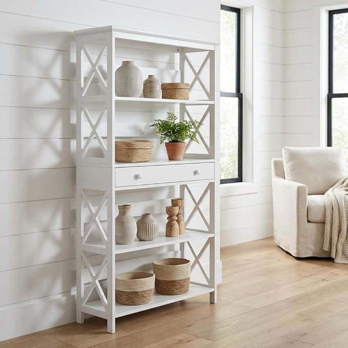 Furnifact White 5 Tier Bookcase with Drawer, Durable Particle Board, Non-Lead Base Paint Finish, Spacious Shelves, Modern Home Office Storage