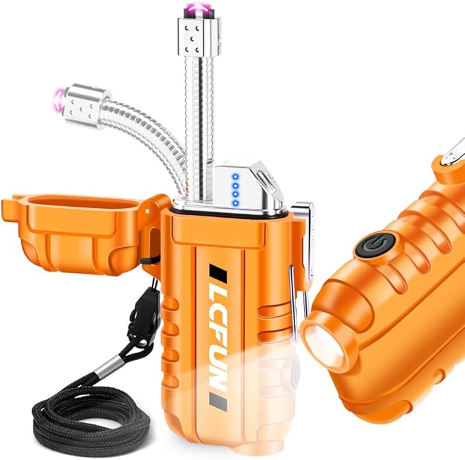 LcFun USB Rechargeable Electric Arc Lighter Windproof Plasma Lighters with LED Battery Display, Waterproof Matches with Flashlight for Camping, Survival Tactical Gear