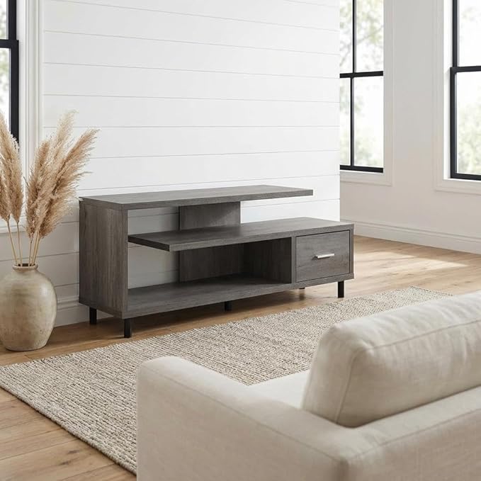 Furnifact Charcoal Gray 1-Drawer TV Stand, Wood, Contemporary Style, Honeycomb and Melamine Veneer Finish, Supports 75 lb TVs up to 65 inches