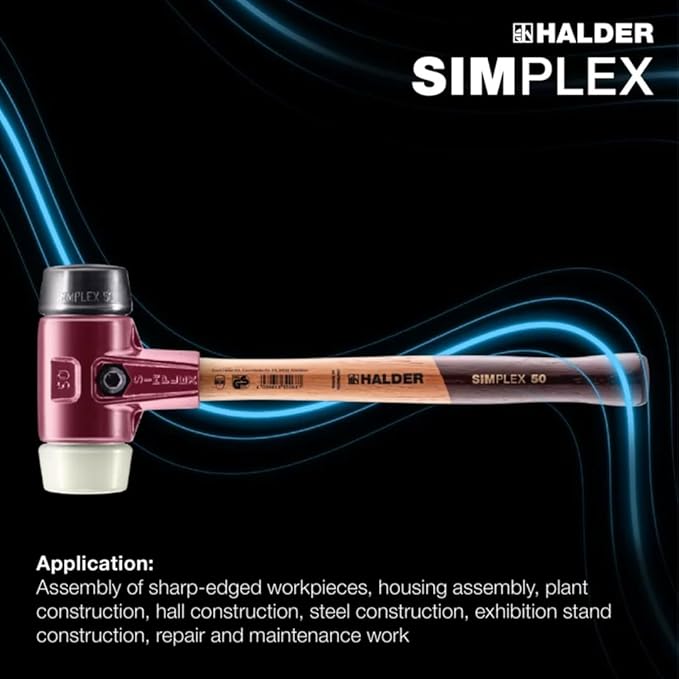 Halder Simplex Soft-Faced Mallet 3028.040 – Medium-Hard Rubber Insert, Hard Nylon Insert, Cast Iron Housing with Handle Protection Sleeve, Varnished Wooden Handle, 40mm, 1.4 lbs.