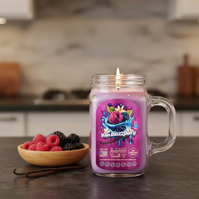 Beamer Candle Co. - Van-Blazzberry Candle – Raspberries, Vanilla & Sugar - Sweet Vanilla & Tangy Berry Scent - Odor Eliminating - High Fragrance - Large 12oz Mason Jar - 90 Hour Burn Time
