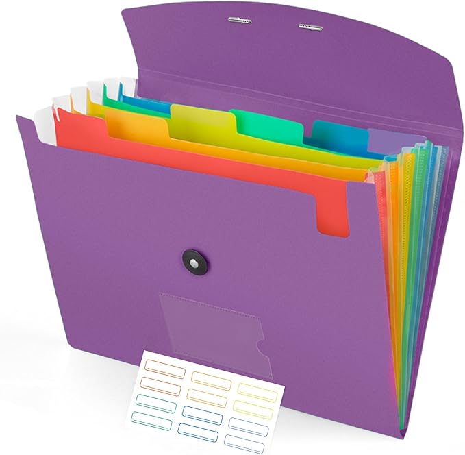 Accordion File Organizer, 7 Pockets Expanding File Folder with Labels, A4/Letter Size Portable Folders for Documents, Paper Organizer for School Office Supplies, Purple