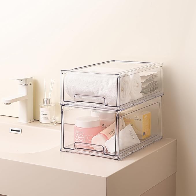 6 Pack Stackable Storage Drawers, Plastic Clear Organizer Bins with Handles for Undersink, Kitchen Cabinet, Fridge, Closet, Pantry, Office, Bathroom