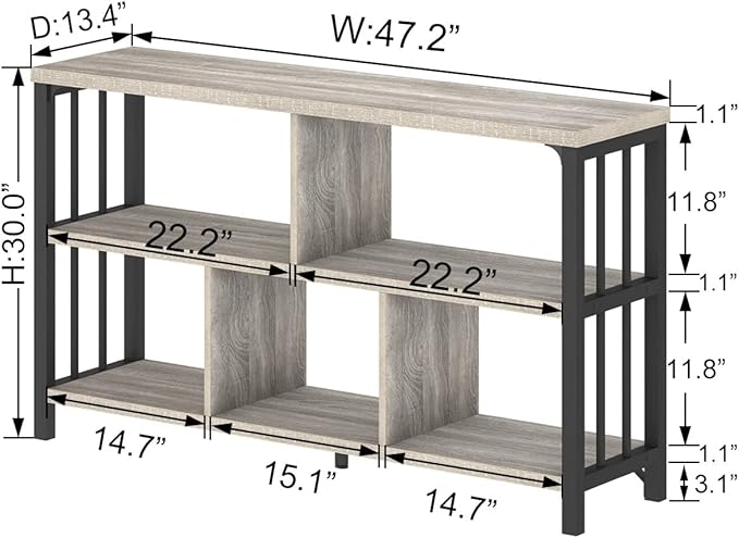 IBF Industrial Horizontal Bookshelf, Modern 5 Cube Storage Organizer Open Shelf, Low Wide Cubby Bookcase for Home Office Living, Wooden Metal Short Book Shelf Bedroom Storage, Light Grey Oak, 47 Inch
