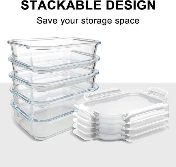 KAMOTA Glass Food Storage Containers, 10 Pack Glass Meal Prep Containers, Airtight Containers with Snap-Lock Lids, 22 oz White Container Set with Lids, for Microwave/Oven/Freezer/Dishwasher