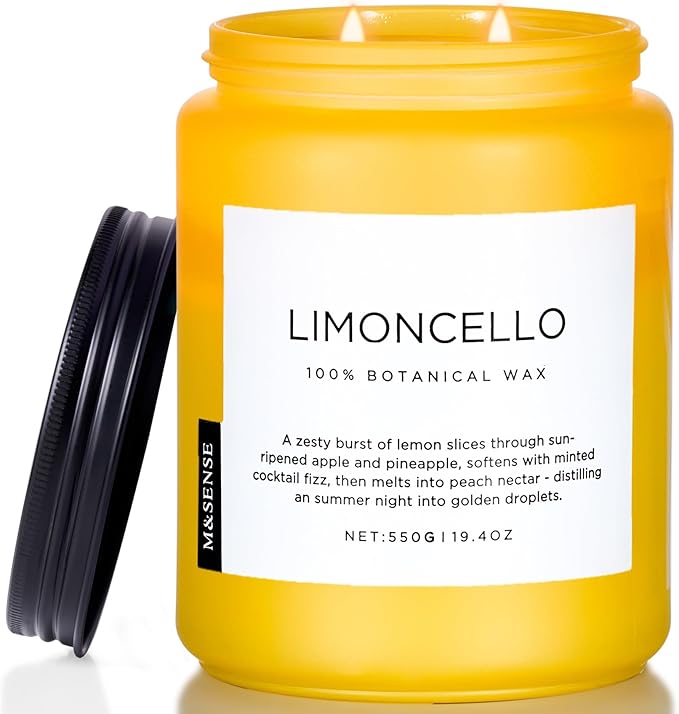 M&SENSE Limocello Summer Scented Candle, 19.4oz 110 Hours Long Burning Time, Natural Soy Wax, Non Toxic, 2 Wick, Strong Scent for Large Room Home Decor, Gifts for Mother's Day, Yoga, Spa, Meditation