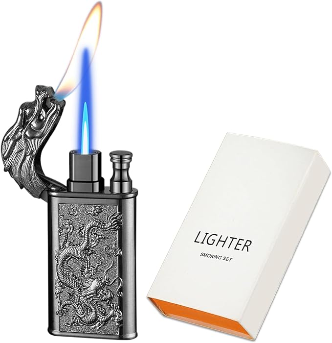Torch Lighter, Cool Relief Dragon Dual Flame - Windproof Adjustable Jet Flame and Soft Flame, Refillable Butane Lighter for Gift, Candle, BBQ, Kitchen, Camping (Without Butane)-Black Ice