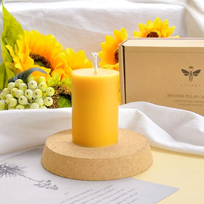 DEYBBY Natural Beeswax Pillar Candle 2x3 inch Set of 4, Dripless Smokeless Pure Beeswax Candle with Natural Scent for Prayer Home Relaxation,80 Hours Burning in Total,Yellow Raw