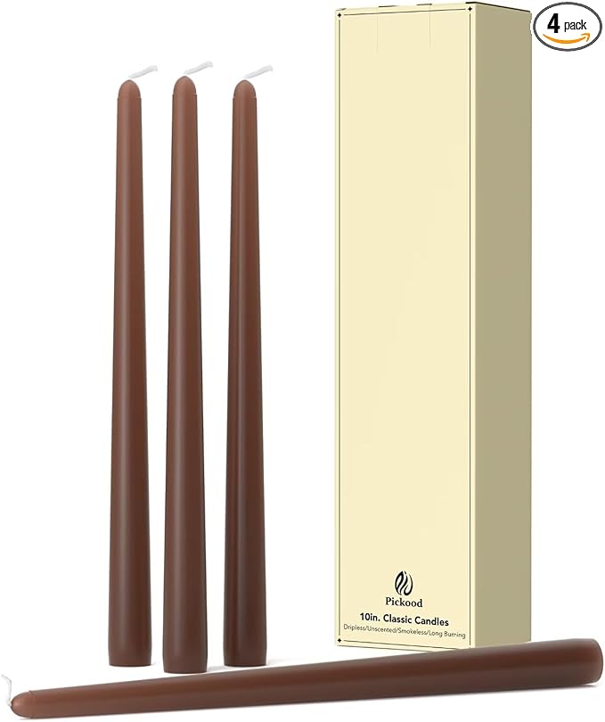 10-Inch Tall Dripless Taper Candles Set of 4 - Cocoa Brown Tapered Candles, Perfect for Spring - Smokeless, Unscented, Long Burning - Hand Poured, Colored Tall Candlesticks - Chocolates