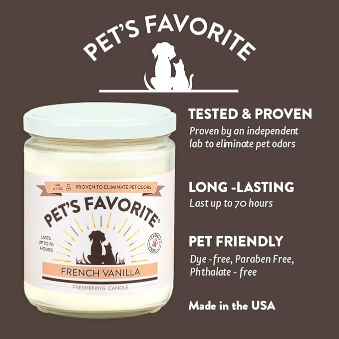 Pet's Favorite French Vanilla Candle for Pet Odor, Clean, Plant Based Air Freshener with a Natural Fiber Wick and 70 Hour Burn Time, Scented Pet Candle for Home
