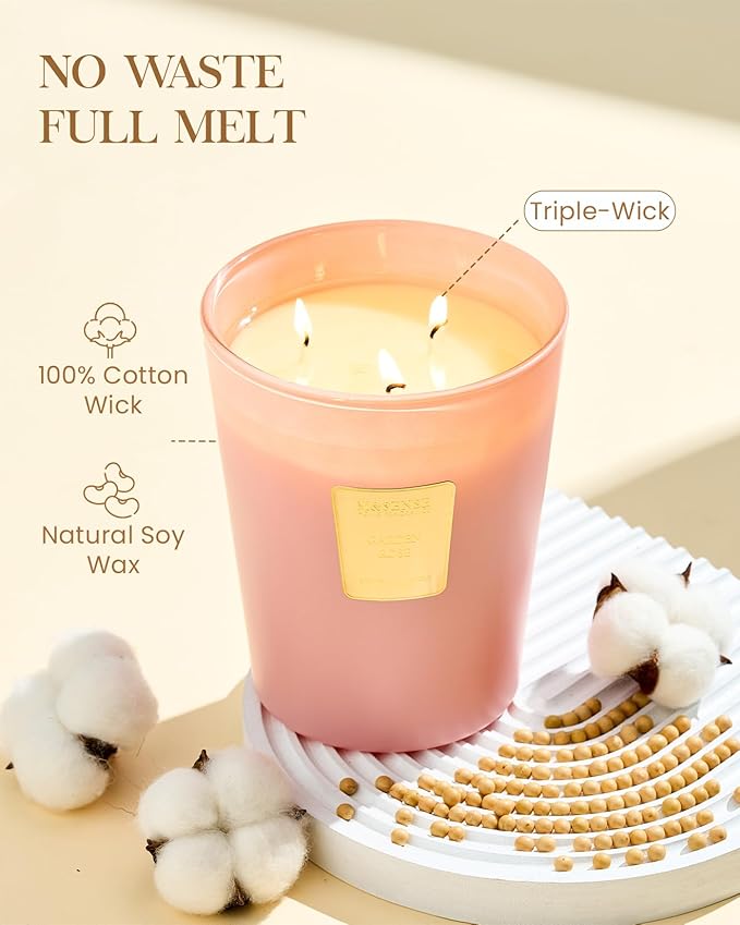 M&SENSE Garden Rose Scented Candle 35oz 150H Burn Time Long Lasting, 3-Wick Natural Aromatherapy Candle, Home Fragrance Housewarming Gifts