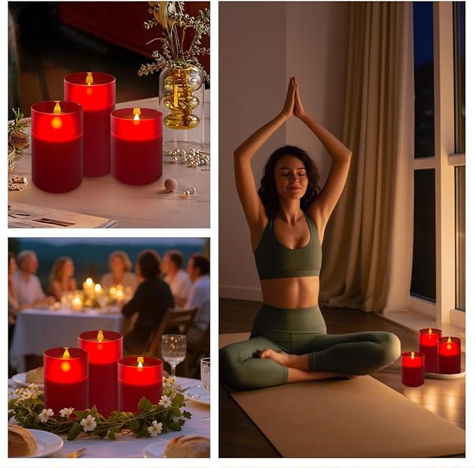 Rechargeable Flameless Candle, Flickering LED Pillar Glass Fake Candle with Remote and Timer, Built-in Battery Real Wax Electronic Candle for Room Decoration, Set of 3