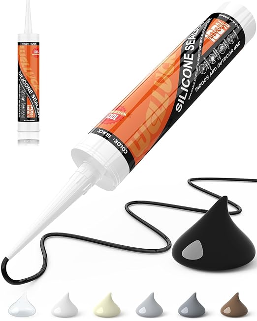 WELLUCK Black Silicone Caulk, 100% Waterproof Silicone Sealant Adhesive Caulking,for RV, Kitchen,Bathroom, Window, Door, Glass, Auto Leak Sealing 10.2FL.OZ/300ML（1 Pack）