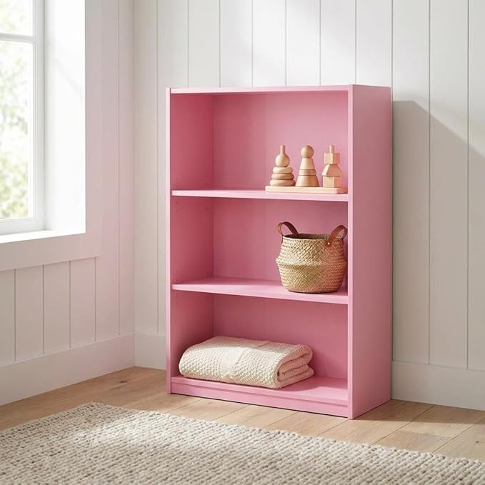 Furnifact Pink 3-Tier Adjustable Shelf Bookcase with Wooden Construction, Versatile Storage Solution, Stylish and Durable for Home or Office Use
