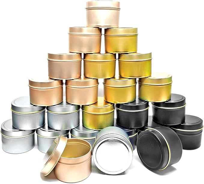 Unixing 24Pcs 4oz Candle Tins for DIY Candle, Metal Candle Container Tins for Candle Making Gold Champagne Black Silver Container Tins