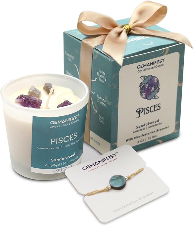 Pisces Zodiac Candle Gifts for Women and Men Sandalwood Crystal Candles for Manifestation Zodiac Crystal Candle with Bracelet and Healing Crystals Pisces Birthday Gifts