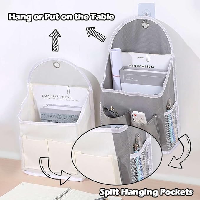 2 Pack Wall Hanging Storage Bag with Pockets, Locker Organizer Basket with Sticky Hook, Fabric Wall Organizer, Waterproof Hanging Bag for Closet Door Bedroom Bathroom Office Home Kitchen(Grey)