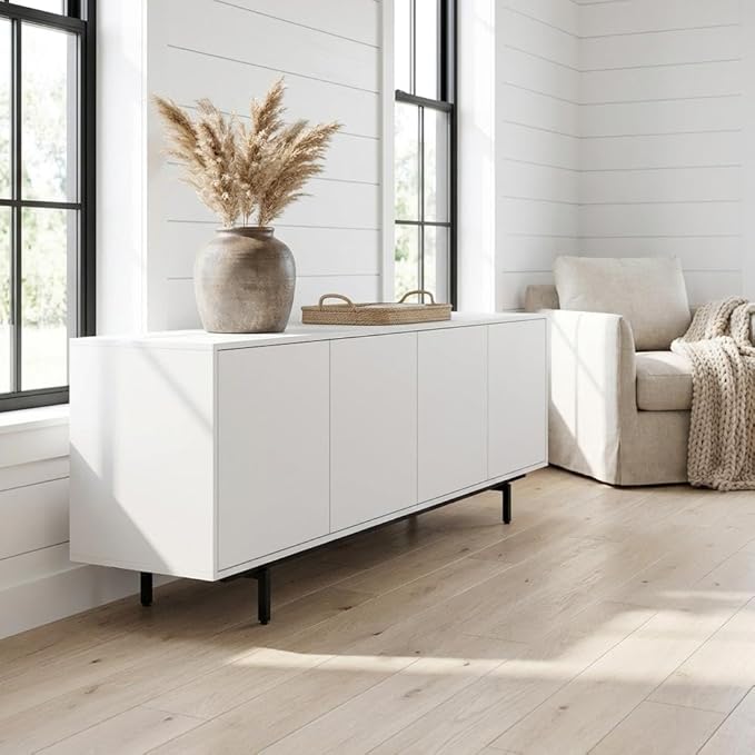 Furnifact White Laminate TV Console, Four Doors, Engineered Wood, Modern Transitional Industrial Style, Durable, Stylish for Living Room