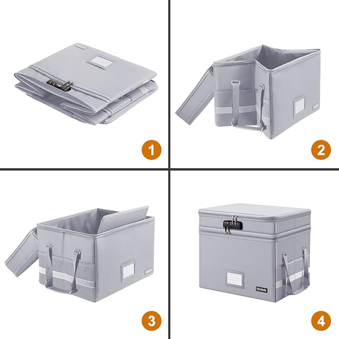 DocSafe File Box with Lock,Multi-Layer Fireproof Document Box Collapsible File Storage Organizer with Pocket,Large Portable Home Office Filing Cabinet Safe for Hanging Letter/Legal Size Folder,Silver
