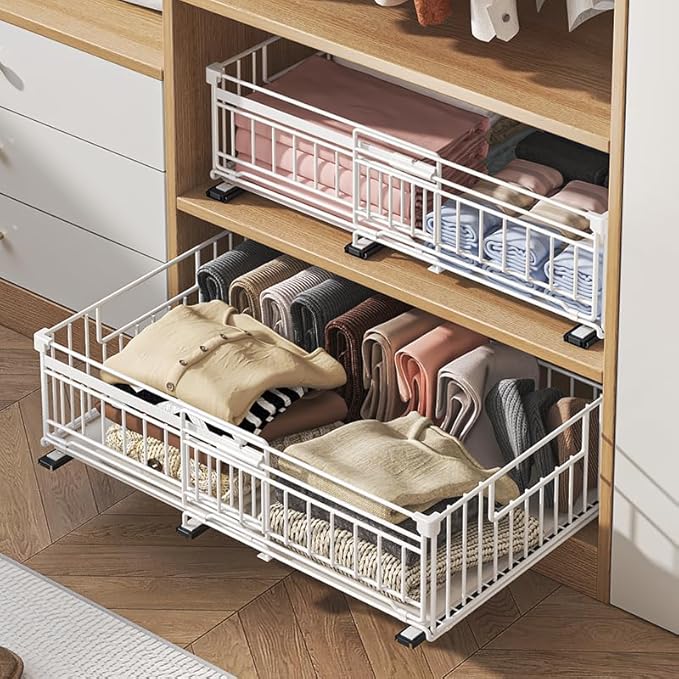 NETEL 2 Pack Expandable Pull Out Cabinet Organizer, Raised 6.69" guardrail, Adjustable Width 13"-20.07", 3 Rails No Drill Adhesive Peel And Stick, Adhesive Pull Out Drawers for Cabinets, White