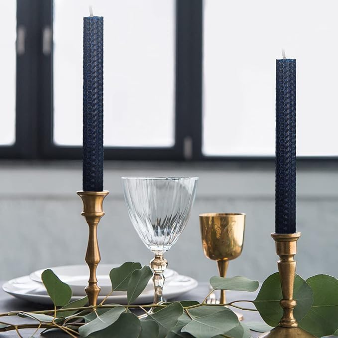 DEYBBY Natural Beeswax Taper Candles,Honeycomb Design Hand-Rolled Beeswax Candles, Dripless and Smokeless, Set of 6 Flat Top (Blue)