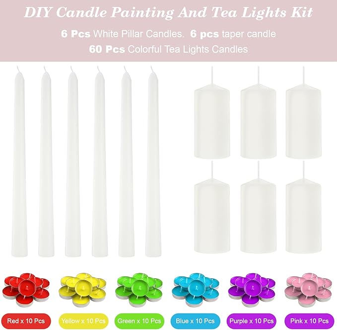 Conelist 72 Pcs DIY Candle Painting Kit Include 12 White Pillar Taper Candles 60 Colored Tealight Candles and Paint Brushes for Crafts Birthday Wedding Tea Party Party Favors