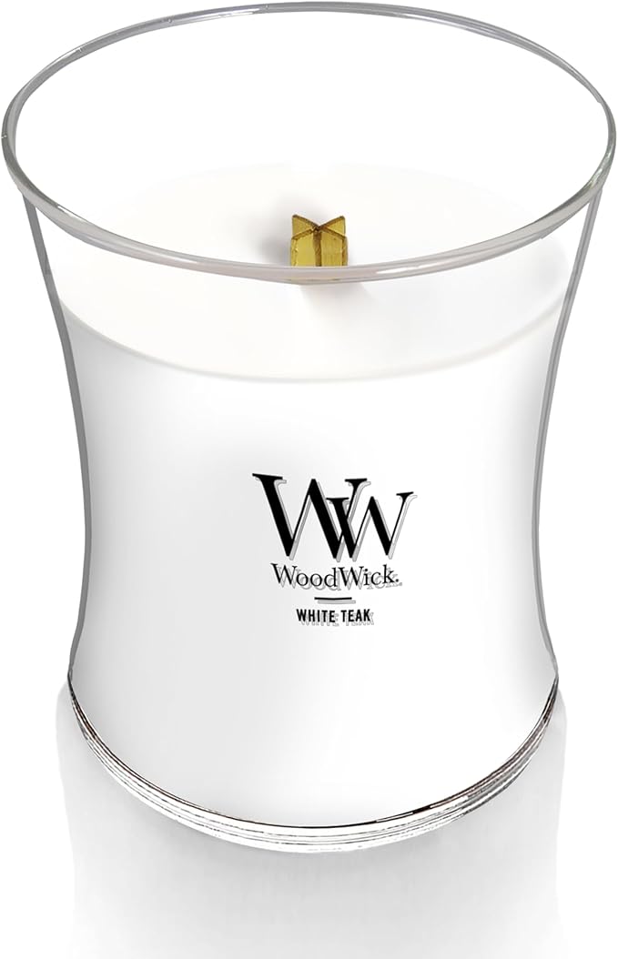 WoodWick Medium Hourglass Candle White Teak - Premium Soy Blend Wax Pluswick Innovation Wood Wick Made in USA