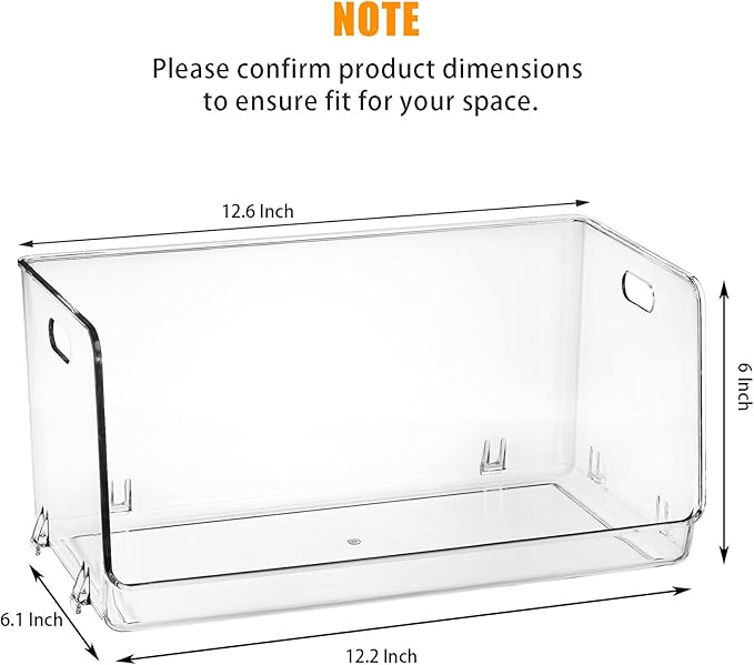 Nicunom 2 Pack Stackable Plastic Storage Bins Open Front, Clear Pantry Organizer Bin Household Food Storage Bin for Kitchen Countertops Cabinet Shelf Fridge
