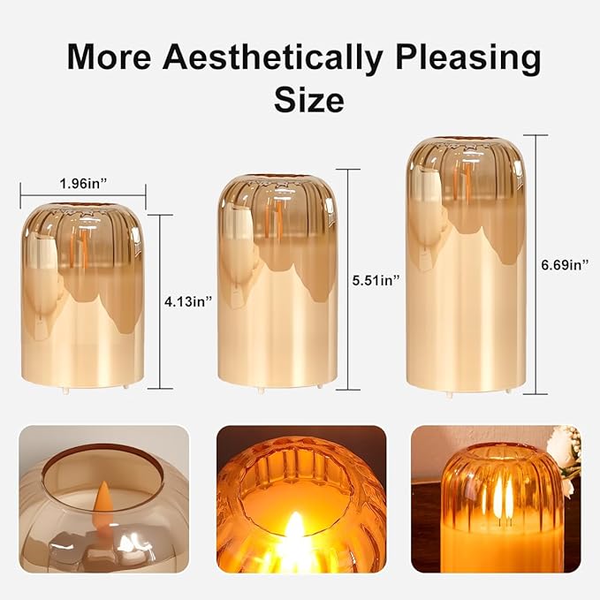 Rechargeable Jar Flameless Candle, Flashing LED Pillar Christmas Candle with Remote Control and Timer, Gold Pumpkin Glass Electronic Candles for Room Decoration, 1 Set of 3
