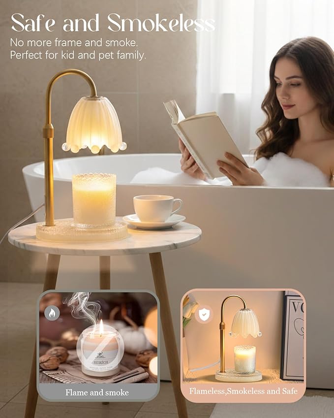 Flower Candle Warmer Lamp with Timer, Vintage Adjustable Glass Warmer Light for Jar Candles, Electric Wax Warming Melter, Gifts for Women Mom, Bedroom Decor (Yellow-Flower)