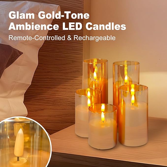 Rechargeable Flameless Candles, Realistic Flickering LED Flameless Candles Real Wax Candle with Remote Control and Timer, Gold Glass Electronic Candle, 1 Set of 5（Gold）