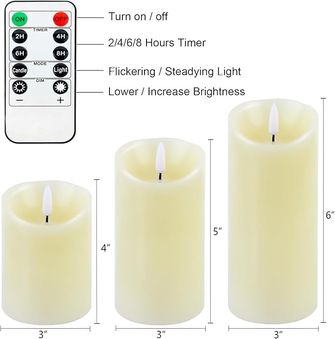Flameless Candles Battery Operated with Remote Timer, 3D Flame Flickering, Last 500+ Hours Battery Candles, Ivory Real Wax LED Pillar Candle for Wedding Home Christmas Decorations, Set of 3