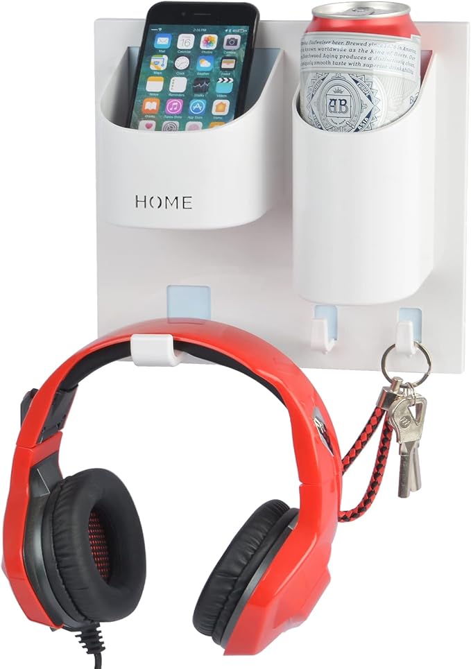Bedside Shelf Wall Mounted Dorm Room Rack Organizer with Headset Stand Hanger,Drink Holder and Small Hooks-Use for Bedroom,Bathroom to Hold Remote,Glass,Cellphone,Beer,Solo Cup(Vertical Type/White)