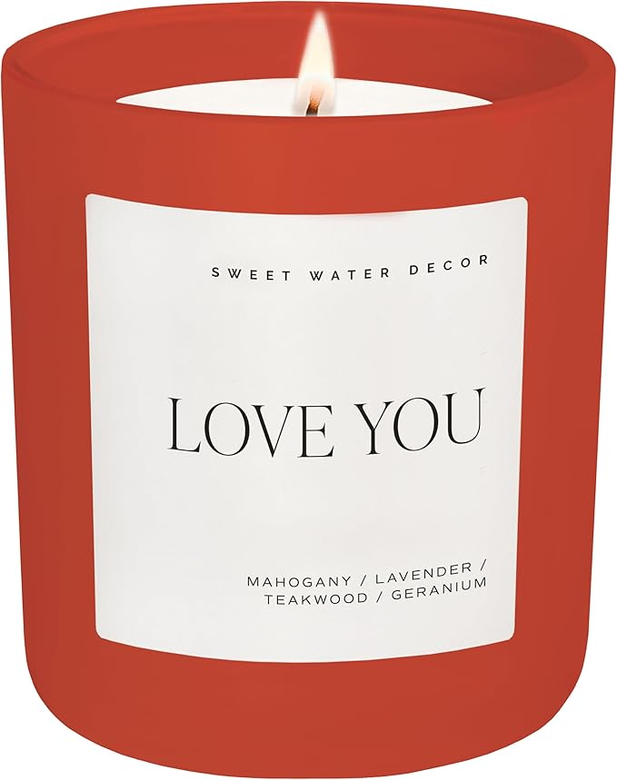 Sweet Water Decor Love You Scented Candles - Soy Candles with Fresh Lavender, Geranium, Warm Mahogany and Earthy Teakwood - Candle Wax with 70 Hours Burn Time - 15Oz Red Matte Jar Wax Candle