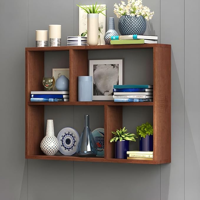 RUNNUP Floating Wall Mount Bookcase Engineered Wood Book Shelf Decor Wall Shelf for Study Room Office Living Room, Brown 31.5" L x 7.9" W x 25.6" H