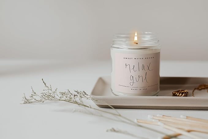 Sweet Water Decor Relax Girl, Peppermint, Cedar, Clove, and Eucalyptus Scented Soy Wax Candle for Home | 9oz Clear Jar, 40 Hour Burn Time, Non Toxic, Made in The USA
