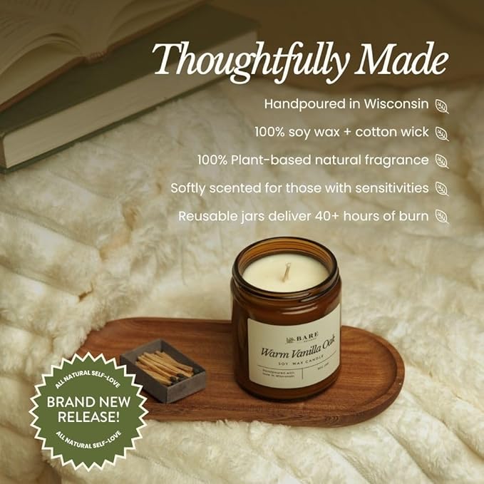 Bare Botanics Unscented 9oz Soy Candle - 100% Plant-Based Fragrance Oils - Premium, Non-Toxic Candle - Softly Scented Natural Soy Wax - Handpoured in WI - 40 Hrs Long Burning & Ready to Gift