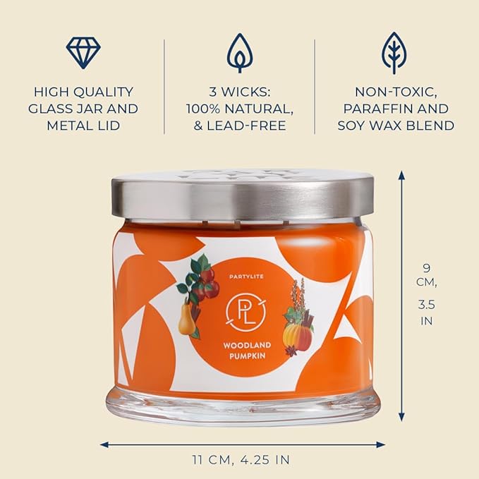 PartyLite Woodland Pumpkin 3-Wick Jar Candle – Autumn Spice & Cinnamon Scent, 25-45 Hours Burn Time, Clean-Burning, Harvest-Inspired Fragrance