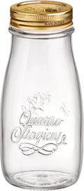 Bormioli Rocco Quattro Stagioni, Glass Canning Jar and Drinking Bottle, 13.5 Oz. with Gold Metal Airtight Lid, Made in Italy.