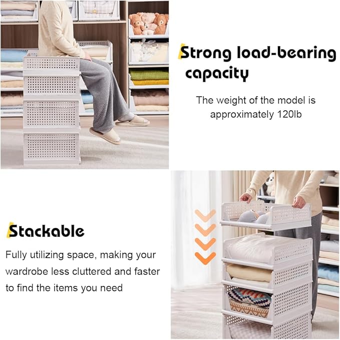 yazi 4XL Stackable Plastic Storage Basket, 4 Packs closet storage bins for clothes sweater organizer for closet Folding closet organizers