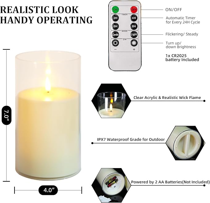 NICEME 7" x 4" Large Waterproof Outdoor Flameless Candles with Remote Control and Timer, Acrylic Outdoor Flickering Candles Battery Operated for Indoor Outdoor Lanterns Patio Porch, Long Lasting 2PCS